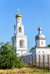 Bell tower of the St. George (Yuriev) Orthodox Male Monastery in summer