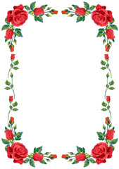 Vector background with red rose flowers and green leaves.