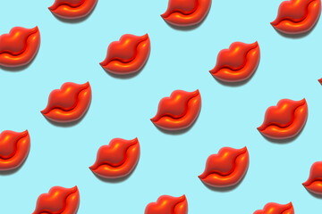 Pattern made of plastic red lips on blue background. Creative love and fashion concept. Flat lay.