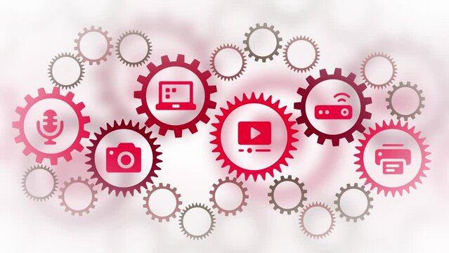 Social Media management concept with group of gears connected with media content creation icons. Online Digital Symbols of Visual Media. Animation on White Background 