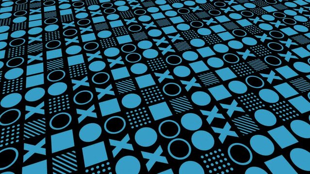 Repeating pattern of black and blue geometric shapes with circle, square and X abstract background