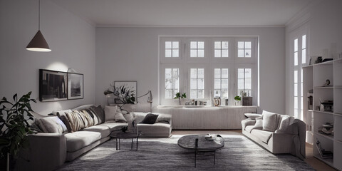Fototapeta premium Stylish scandinavian living room with design mint sofa, furnitures, mock up poster map, plants and elegant personal accessories. Modern home decor. Bright and sunny room. Generative AI illustration.