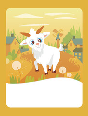 Obraz na płótnie Canvas Vector illustration of a small goat on a summer meadow. It can be used as a playing card, learning material for kids.