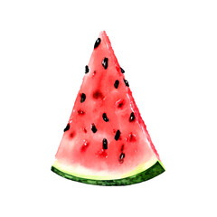 Sliced of red watercolor watermelon with seeds isolated on white background