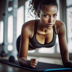 Beautiful woman at the gym doing fitness exercises. Generative AI.