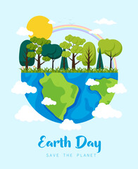 Naklejka premium Vector illustration for Earth Day and other environmental concepts. Earth with nature and rainbow. Vector illustration in flat cartoon style.