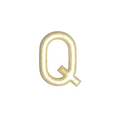 Q, alphabet letters gold foil isolated. Gold yellow metallic letter. Alphabetical font. Foil symbol. Bright metallic 3D