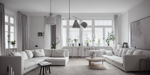 Fototapeta premium Stylish scandinavian living room with design mint sofa, furnitures, mock up poster map, plants and elegant personal accessories. Modern home decor. Bright and sunny room. Generative AI illustration.