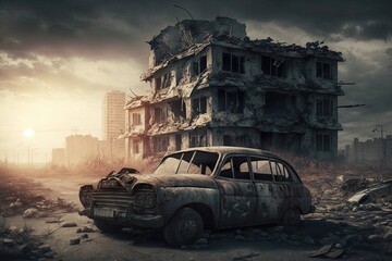 Ruined dead city after a nuclear war. Abandoned car next to destroyed buildings. Post-apocalyptic concept. Generative AI - obrazy, fototapety, plakaty