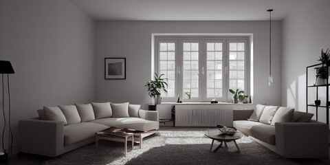 Fototapeta premium Stylish scandinavian living room with design mint sofa, furnitures, mock up poster map, plants and elegant personal accessories. Modern home decor. Bright and sunny room. Generative AI illustration.