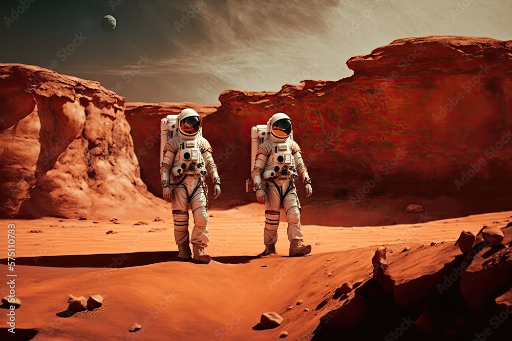 Wall mural astronauts on mars in spacesuits walk across the martian desert. studies of the red planet. generati
