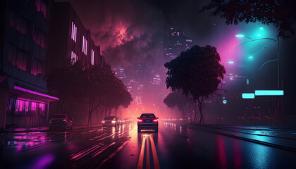 road to the night city in neon lights, night in neon style
