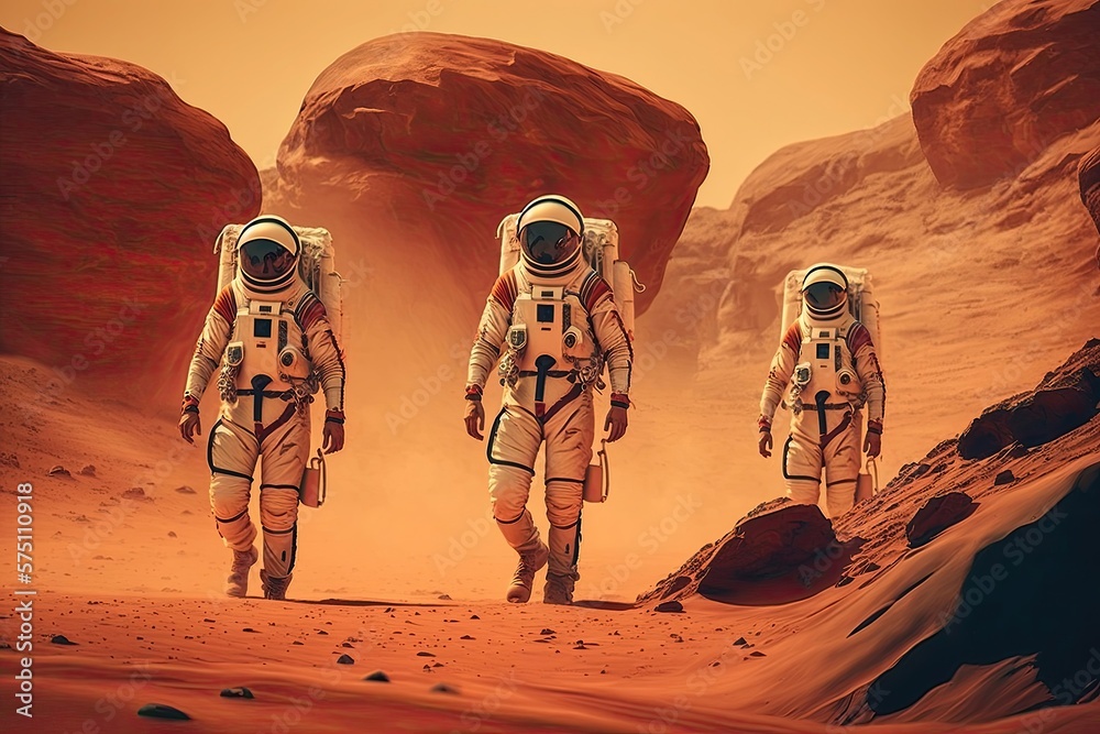 Wall mural astronauts on mars in spacesuits walk across the martian desert. studies of the red planet. generati