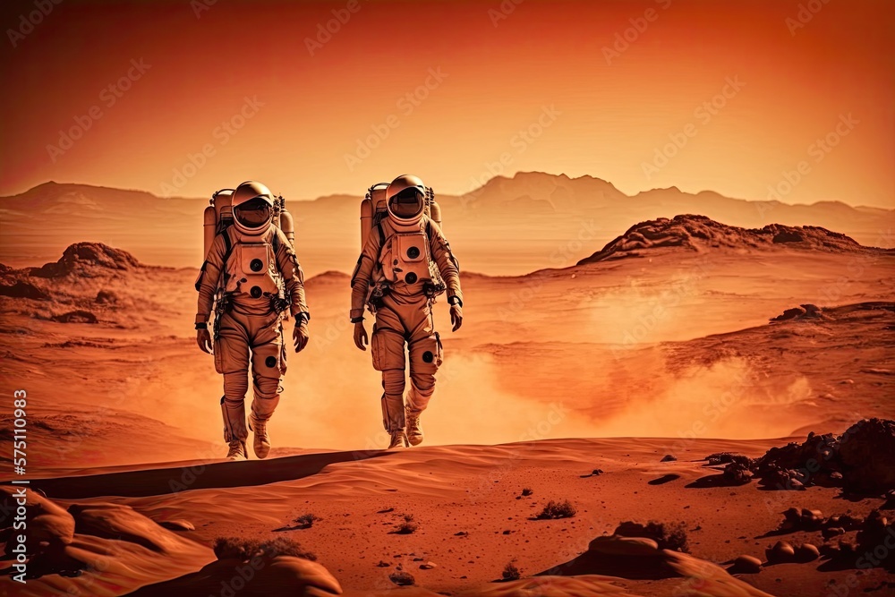 Wall mural astronauts on mars in spacesuits walk across the martian desert. studies of the red planet. generati