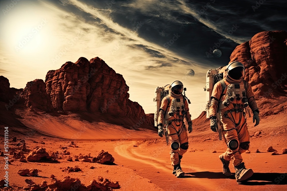 Wall mural astronauts on mars in spacesuits walk across the martian desert. studies of the red planet. generati