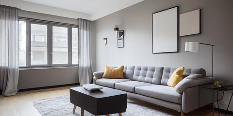 Fototapeta premium Stylish scandinavian living room with design mint sofa, furnitures, mock up poster map, plants and elegant personal accessories. Modern home decor. Bright and sunny room. Generative AI illustration.