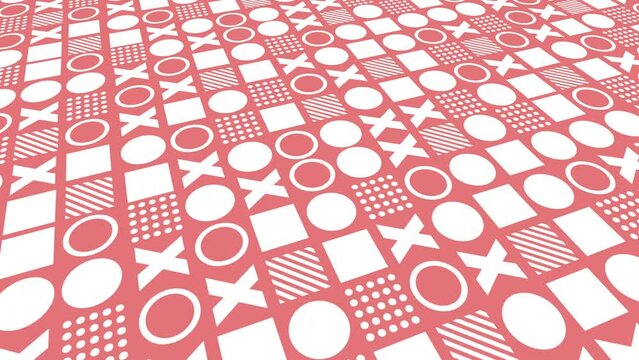 Repeating pattern of geometric shapes with circle, square and X abstract background