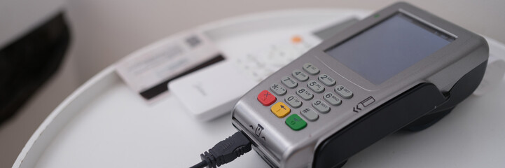 Credit card and payment terminal card reader closeup