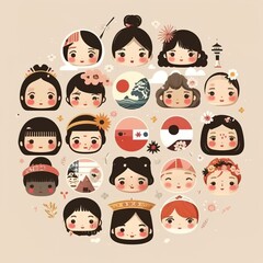 Generative AI illustration portrait of adorable Asian girl with black hair decorated with blooming flowers and traditional costume looking at camera on beige background