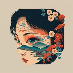 Generative AI illustration portrait of adorable Asian girl with black hair decorated with blooming flowers and traditional costume looking at camera on beige background