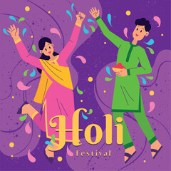 Obraz na płótnie Canvas Pair of happy characters celebratin Holi festival poster Vector illustration
