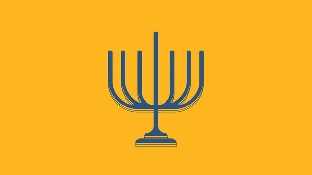 Blue Hanukkah menorah icon isolated on orange background. Hanukkah traditional symbol. Holiday religion, jewish festival of Lights. 4K Video motion graphic animation