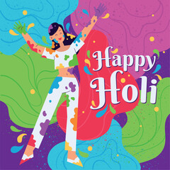 Happy girl character with paint and powder Holi festival poster Vector illustration