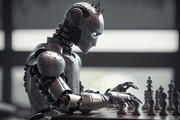 Adorable humanoid robot plays chess. Generative AI