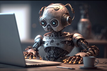 Adorable humanoid robot work in laptop. Generative AI