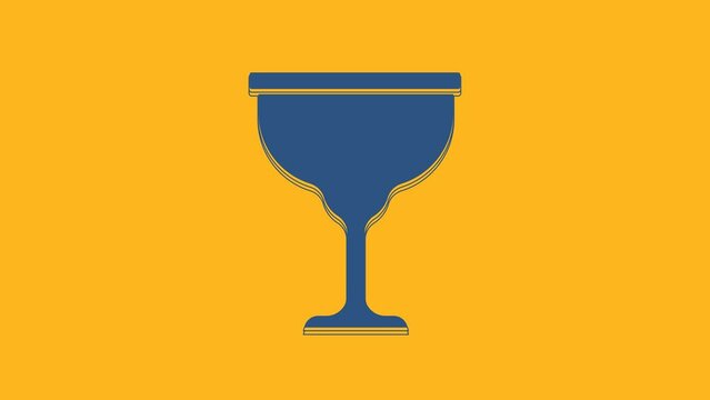 Blue Jewish goblet icon isolated on orange background. Jewish wine cup for kiddush. Kiddush cup for Shabbat. 4K Video motion graphic animation