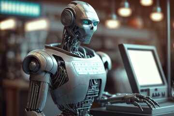 Adorable humanoid robot processed card on terminal. Robot work on shop POS system. Generative AI