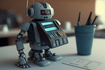 Adorable humanoid robot processed card on terminal. Robot work on shop POS system. Generative AI