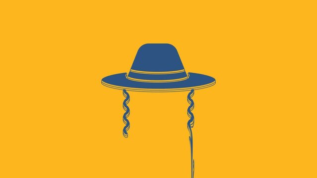 Blue Orthodox jewish hat with sidelocks icon isolated on orange background. Jewish men in the traditional clothing. Judaism symbols. 4K Video motion graphic animation