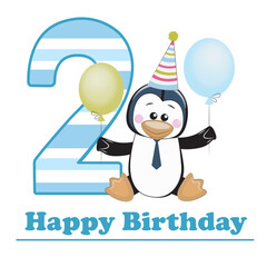Penguin Boy Birthday Card. Vector Illustration