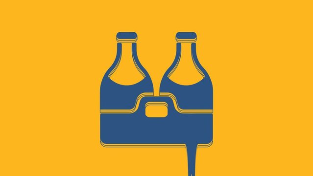 Blue Champagne bottle icon isolated on orange background. Merry Christmas and Happy New Year. 4K Video motion graphic animation
