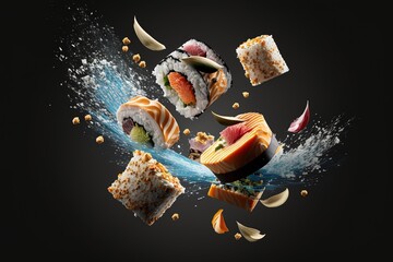 Sushi maki pieces flying in air, Japanese food on black background. Generative AI