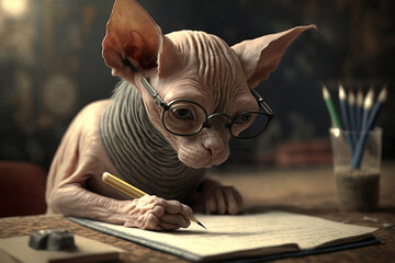 Elderly poet cat writing a poem for his blog. Generative AI - obrazy, fototapety, plakaty