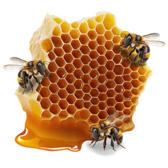 three bees and honey comb , isolated on transparent background cutout , generative ai