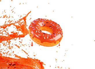 Orange donut, 3d render. Juicy orange doughnut in a splash of filling, isolated. Transparent...