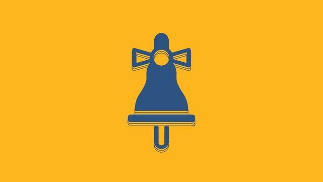 Blue Merry Christmas ringing bell icon isolated on orange background. Alarm symbol, service bell, handbell sign, notification. 4K Video motion graphic animation