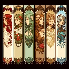 Anime Set of Art Nouveau / Art Deco Poster Style Women Representing the Changing Seasons. Room for Text [Sci-Fi, Fantasy, Historic, Horror Character. Graphic Novel, Video Game, Anime, Comic, Manga.]