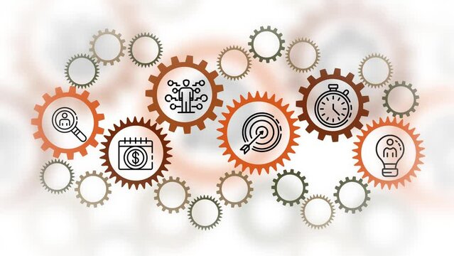 Online Business Management and Automation, Marketing and Business Effectiveness. Group of Gears Connected with Business icons.  4K Video Animation 