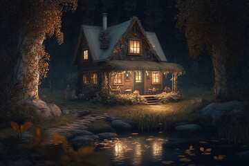 Lost in Splendor: A Magical Place of Refuge Within a Cozy Wooden House Generative AI