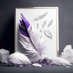 white feathers and amethyst shards podium, empty showcase for packaging product presentation. AI generation.