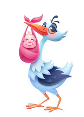 Cute cartoon stork with happy adorable baby girl. Greeting card template. PNG raster illustration.
