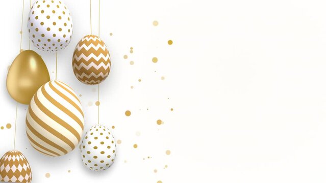 Golden Easter eggs spin on thin threads. Shiny gold particles on a white background. Looped Christian holiday animation with blank space for text.