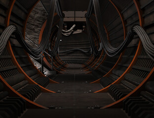 A 3d rendered illustration from an interior sci-fi round corridor with a lot of cables and tubes. 