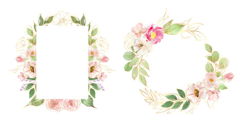 Fototapeta premium Bouquets and frames of delicate pink spring flowers. Watercolor flowers with linear golden flowers and leaves. Line art. Spring bouquets. Floral decoration, frames for invitations and postcards