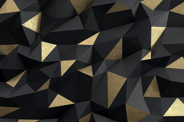 Low poly background in the form of black and aged gold polygons. Wall decor. Elegant style. 3d illustration.
