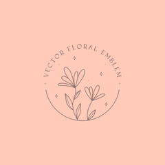 Vector feminine floral emblem.Elegant  logo design with linear flowers and round frame.Modern botanical badge in trendy minimalist style.Branding boho design template.